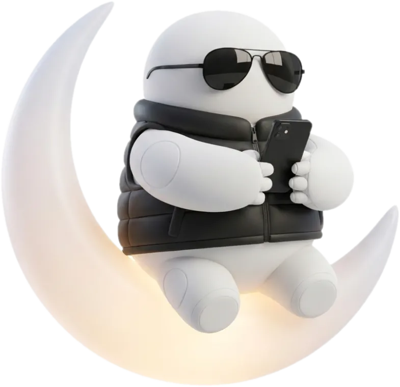 Bento, o mascote do Atendente24h, sentado na lua respondendo pelo celular de madrugada